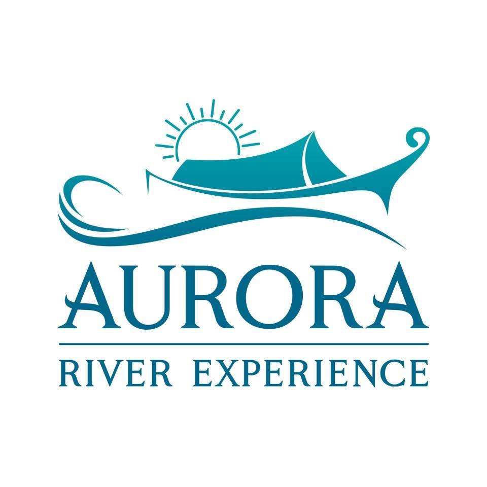 Aurora River Experience logo, light blue letters with a wave, boat and sun drawing