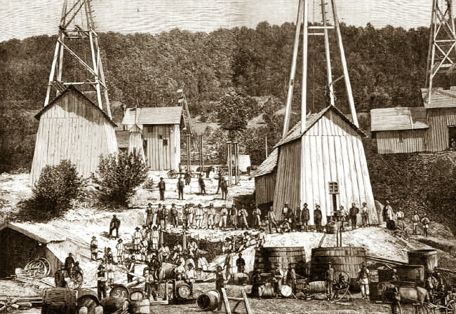 View of the oil field in Galicia. Oil wells (pl. szyby naftowe), erected in 1881